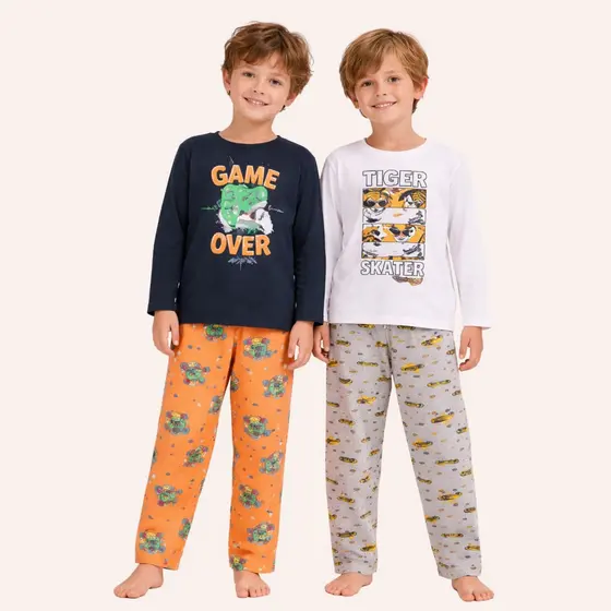 Kit 2 Pijamas Infantis Longos Algodão Menino Inverno 2 Conjuntos Roupa de Dormir Infantil