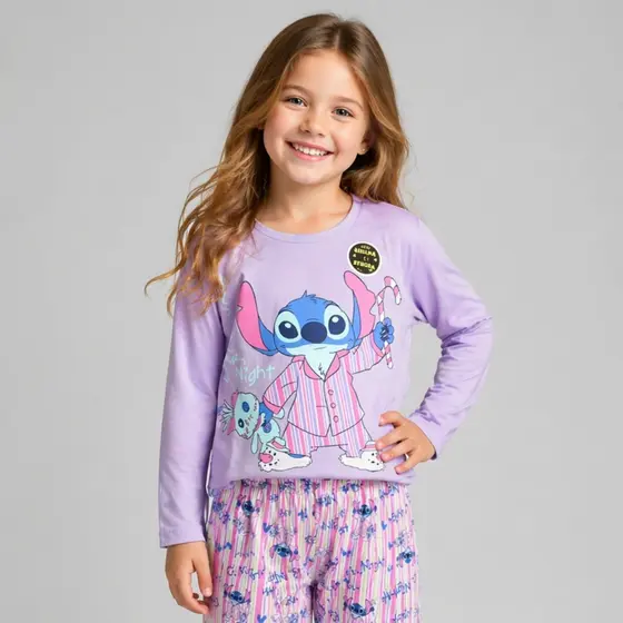 Pijama Feminino Infantil Stitch Roxo que Brilha no Escuro Inverno Quentinho Algodão Confortável