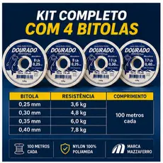 Kit Linha de Pesca Monofilamento 100mm com 4 bitolas 0.25/0.30/0.35/0.40mm Dourado Premium UV