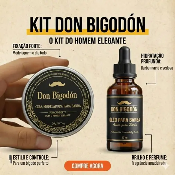 Kit Barba com cera e óleo Auxilio no Crescimento Hidratação e modelagem Don Bigodón