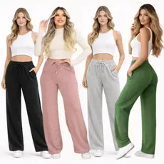 Calça Pantalona Lanzinha Feminina Cintura Alta Com Elastico De e Bolso Outono / Inverno Promoção