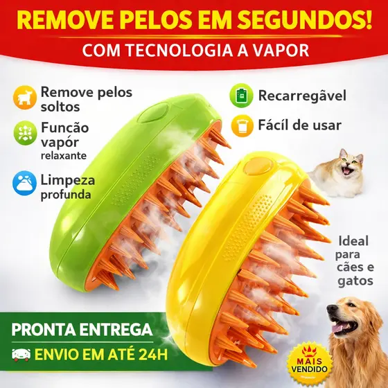 Escova para Gatos e Cachorros Elétrica com Vapor Bivolt Removedor de Pelos