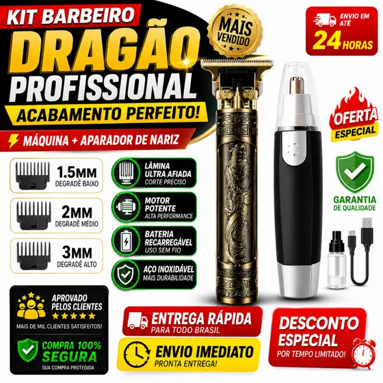 Kit Barbeiro Máquina Dragão Acabamento Profissional USB + Aparador Pelos Nariz