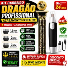 Kit Barbeiro Máquina Dragão Acabamento Profissional USB + Aparador Pelos Nariz