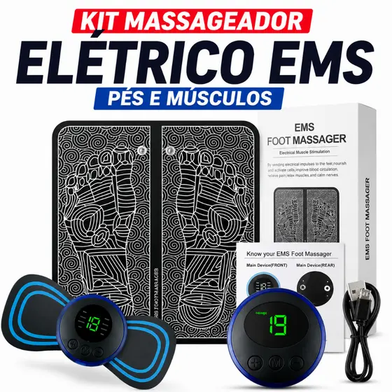 Kit Massageador Elétrico EMS Tapete Massageador para Pés e Músculos 8 Modos 19 Intensidades USB