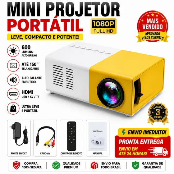 Mini Projetor Portátil 1080p HDMI YG300 LED 600 Lumens Home Cinema Para Celular Notebook e Games