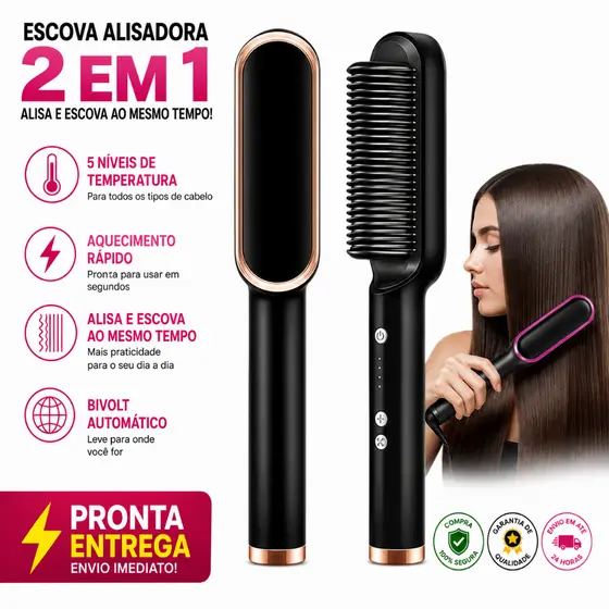 Escova Alisadora de Cabelo Elétrica Bivolt Preta 45W 5 Temperaturas Cabelo Liso