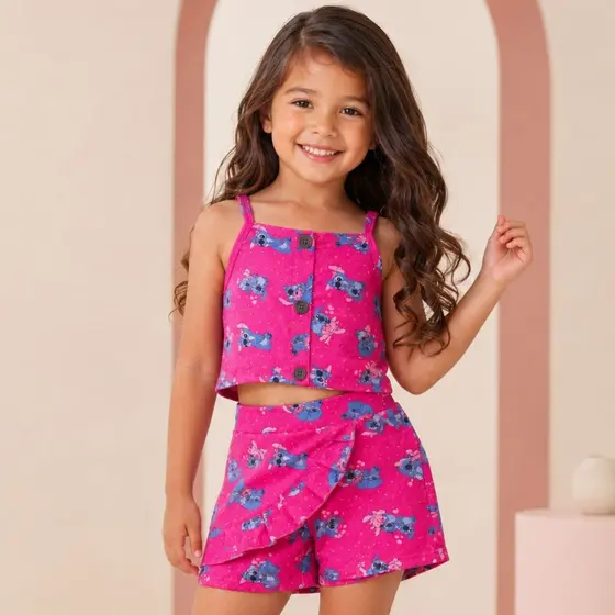 Conjunto Short Saia e Regata Infantil Feminino Menina Poliéster