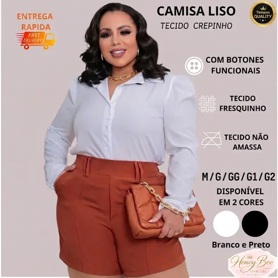 Camisa Social Feminina Manga Princesa Crepinho Não Amassa Plus Size M ao G2