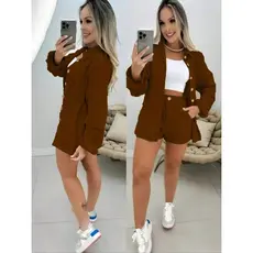 Conjunto Linho Camisa manga longa botões e short casual, colarinho inverno frio blazer Paste
