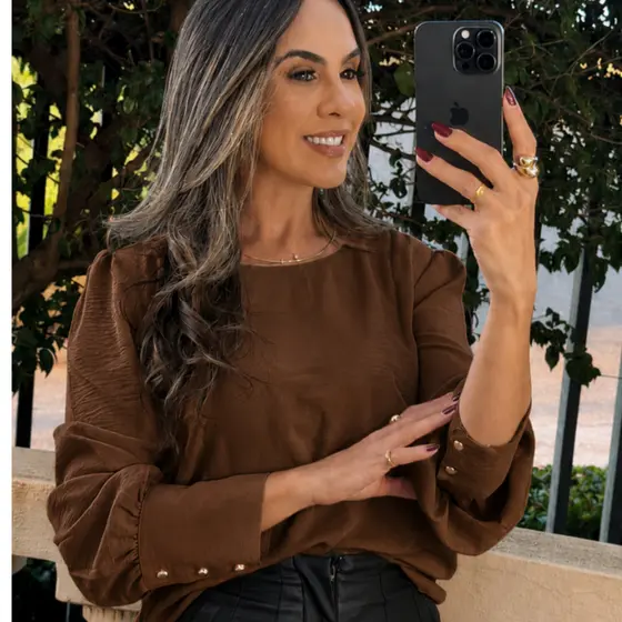 Blusa Social Feminina Manga Longa Botões Dourados duna premium