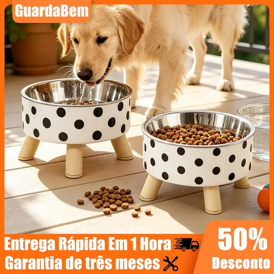 Comedouro elevado portatil em aço inoxidavel para cachorros cães gatos