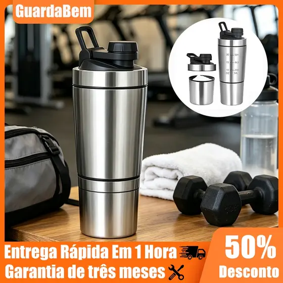Shakeira Dupla Inox 750ml Coqueteleira Academia Misturador para Proteína Sheik Academia Com Mola