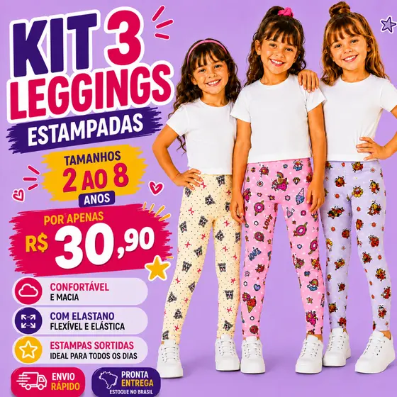 Kit 3 Calças Legging Infantil Estampadas Algodão Elastano