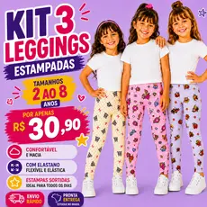 Kit 3 Calças Legging Infantil Estampadas Algodão Elastano