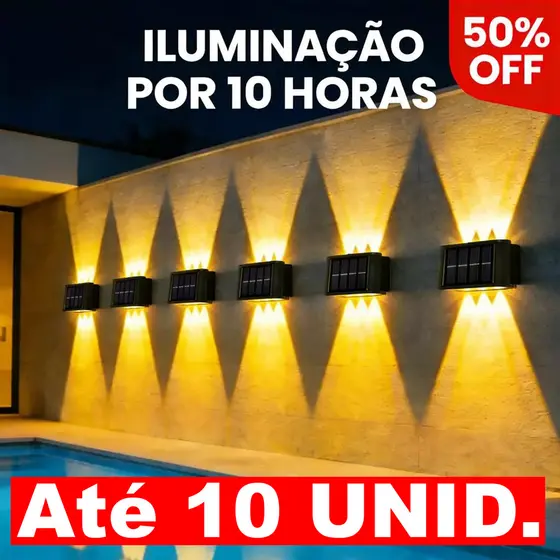Até 10 Arandelas Solares Externas Impermeáveis, Liga à Noite e Desliga de Dia Automático, Autonomia 12h ou 2h Luz Quente