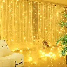 Cortina De Luzes Natal Para Decoração 3x3 Metros 300 LEDs 8 Funções Quente E Frio Com Controle, Conectores Macho E Fêmea