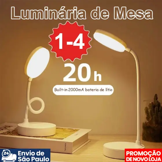 Luminária Abajur de Mesa LED Luz Recarregável Touch Haste Flexível Brilho Ajustável Lâmpada de Estudo Sem Fio Portátil