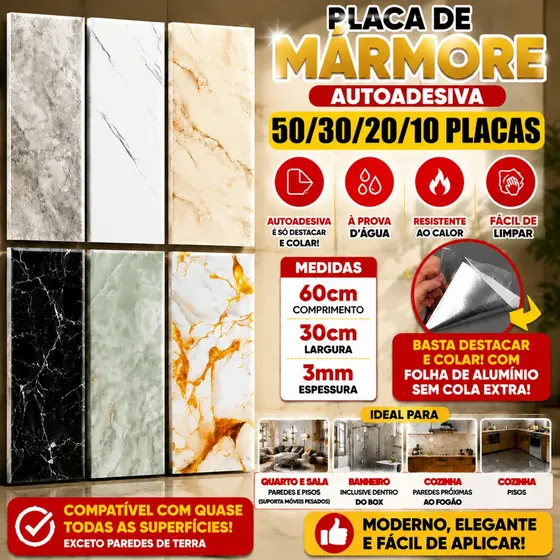 Até 9m²/50PCS Placa Autocolante Mármore de Parede 60x30cm Lavável Resistente ao Calor para Quarto Sala Cozinha Banheiro