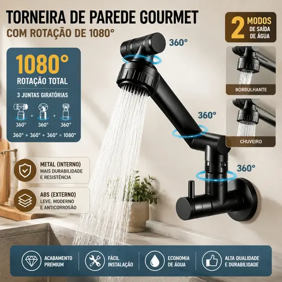 Torneira de Parede Gourmet com Rotação Total de 1080° em 3 Articulações para Pia de Cozinha e Banheiro,2 Jatos,Metal/ABS