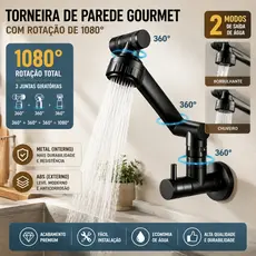 Torneira de Parede Gourmet com Rotação Total de 1080° em 3 Articulações para Pia de Cozinha e Banheiro,2 Jatos,Metal/ABS