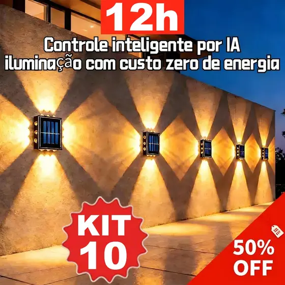 Até 10 Arandelas Solares Externas Impermeáveis com Sensores de luz, Liga/desliga automática, Duração 12h/2h, Luz Quente