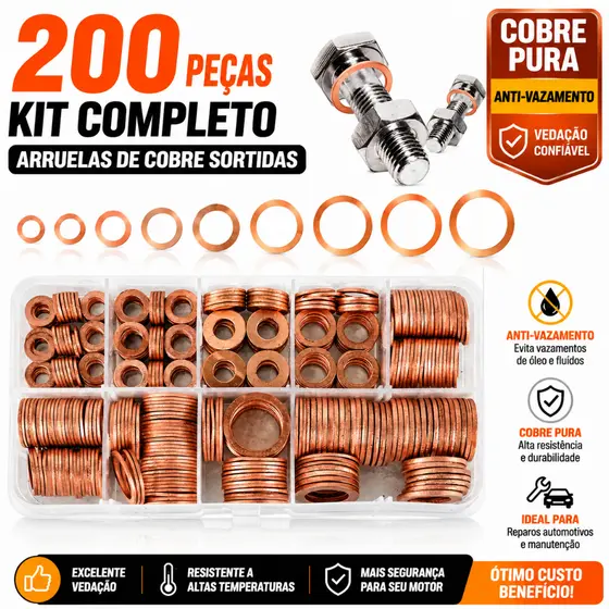 200 Peças Conjunto De Junta De Arruela De Cobre Vedação De Anel Plano Sortido Para Reparos De Automóveis