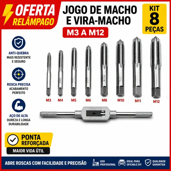 Jogo de Macho e Vira-Macho 8 Peças M3 a M12 - Kit Completo p/ Abrir Roscas Resistente
