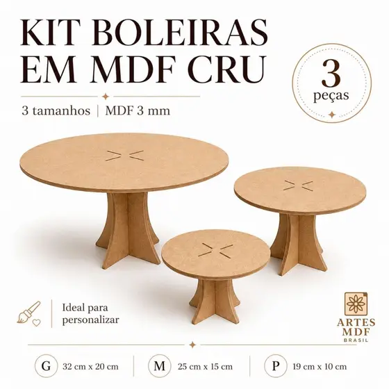 Kit 3 Boleiras MDF Cru P M G Festa Decoração Doces Personalizar Porta Doces