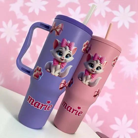 Copo com Canudo da Gata Marie 1200ml Em Policarbonato Personalizado Envio Imediato !
