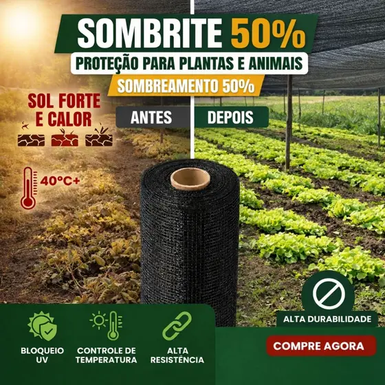 Sombrite 50% 2,00m x 50 Tela Sombreamento Anti UV Proteção Contra Sol Forte Horta Plantas