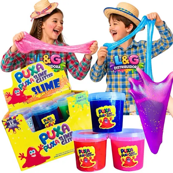 KIT SLIME GLITTER PUXA PUXA LELECA - Brinquedo Infantil barato não gruda envio rapido criativo mae