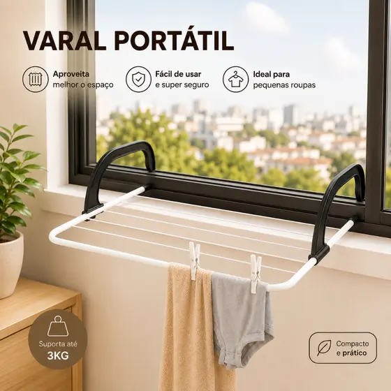 Varal Portátil para Janela – Economize Espaço e Seque suas Roupas com Facilidade