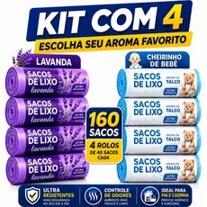 Kit 4 Rolos de Sacos de Lixo 10L 160 Unidades Perfumado Lavanda Talco Cheirinho Bebê Pia Banheiro
