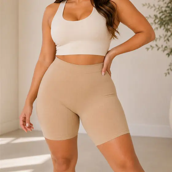 Short Modelador Bege Feminino Segunda Pele Cintura Alta Cós Alto Confortável para o Dia a Dia Esportivo.