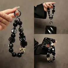 Cordão De Telefone De Gato De Pelúcia Preto Frisado Corrente Alça De Pulso Chaveiro De Carro Bolsa Acessório De Charme