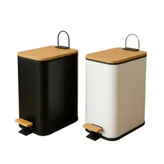 Lixeira Retangular Multiuso Moderna Aço com Tampa Bambu e Pedal Grande Cozinha Banheiro Lavanderia Branca Preta Luxo