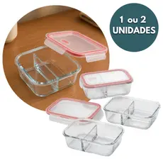 1 a 2  Potes de Vidro 1040ml com Divisória e 4 Travas Marmita Fitness Refratário Forno Micro-ondas Organização Cozinha
