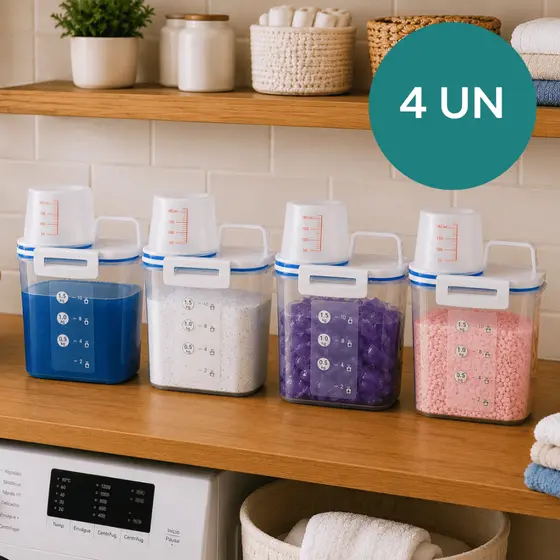 - Kit 4 Potes Hermético 1,5L Com Bico Dosador Medidor Porta Sabão em Pó /Sabão Líquido/ Amaciante Lavanderia Organizador