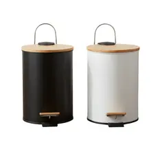 Lixeira Redonda Lisa Com Tampa de Bambu Luxo e Pedal com Amortecimento Multiuso Banheiro Cozinha
