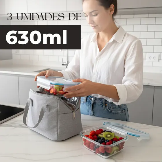 Kit 3 Potes Hermético 630ml de Vidro com Tampa e Vedação de Silicone – Forno Freezer e Geladeira