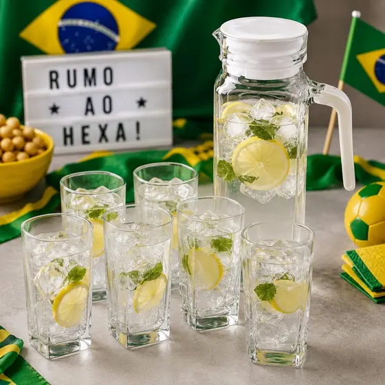Kit Jarra + 5 Copos Vidro Quadrado 290ml Jarra Copos Bar Casa Festa Drinks Copa Happy Hour Churras