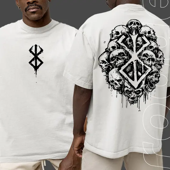 Camiseta Oversized Guts Berserk Skull Sacrifice Anime Unissex Estampa Dark Streetwear