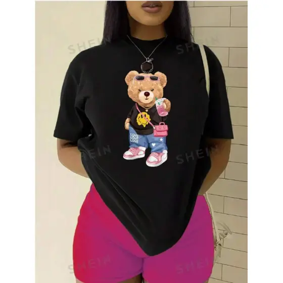 Camiseta Feminina urso drip Streetwear T-shirt Camisa Blogueira Style Gola Redonda Algodão