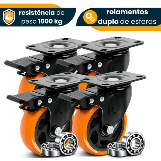 Kit 4 Rodinhas 3 polegadas 75mm Para Moveis Pesados Rodízios Roda Grande Reforçada Com Trava Dupla