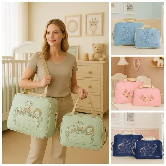 Kit Bolsa Bordada Saida Maternidade Modelo Menina Bebê Menino Para Fraldas