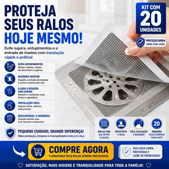 Kit 20 Telas Protetoras para Ralo Adesivas – Anti Inseto, Anti Entupimento e Anti Odor