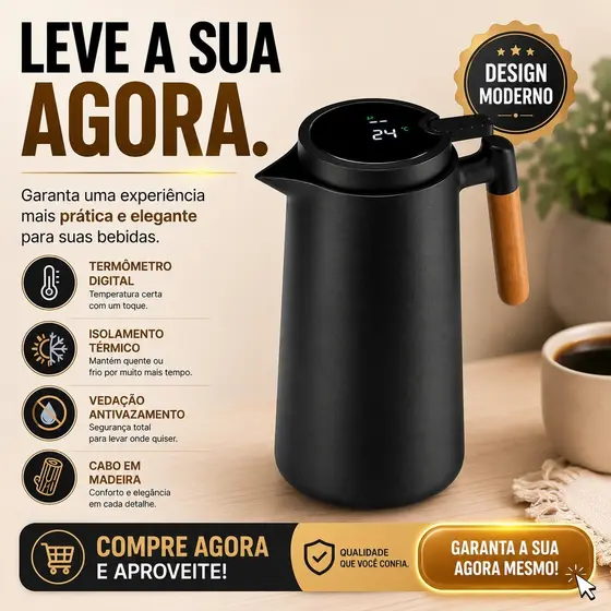 Garrafa Térmica de água / Café 1 Litro Com Termômetro Led Para Chás / Café Design Moderno Cabo Madeira - PRETO