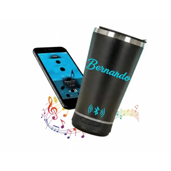 Copo Térmico Personalizado Bluetooth com Som e LED 420ml – Tampa + Abridor, Presente Criativo - Preto