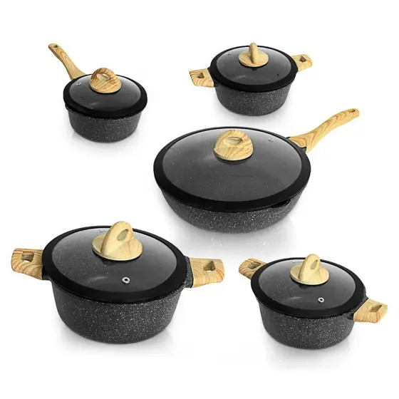 Jogo de Panelas 5 Peças Indução Gás Conjunto de Panelas Revestido em Cerâmica Granito Antiaderente Frigideira
